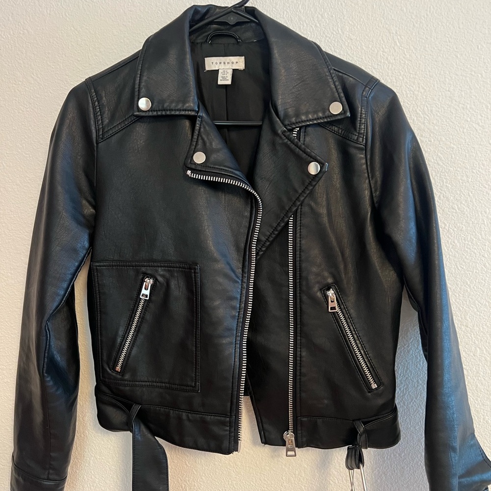 Topshop Black Leather Moto Jacket with Asymmetrical Zipper